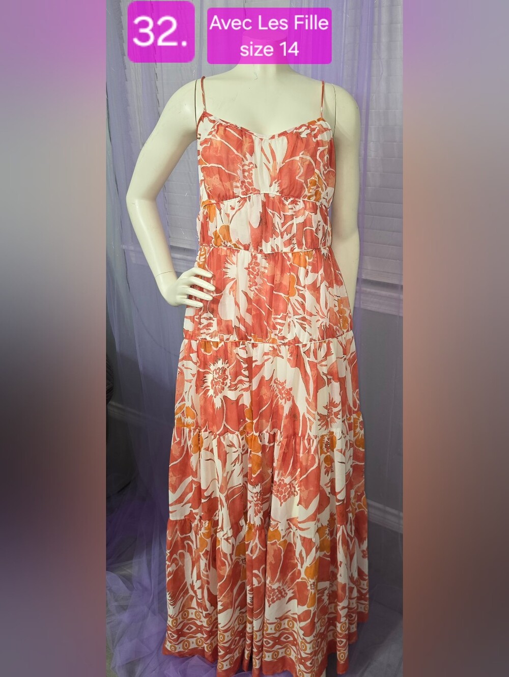 Avec Les Filles Coral and White Floral Tiered Maxi Dress